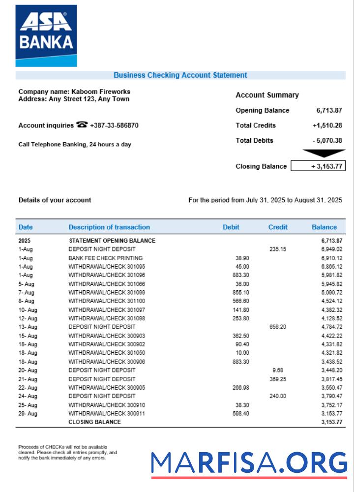 Downloadable ASA Banka company checking account statement Word and PDF template